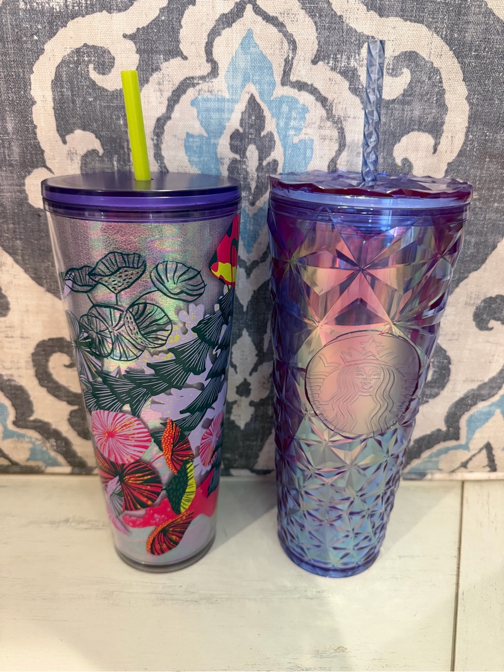 Starbucks Iridescent Purple Floral and Faceted Tumbler Set